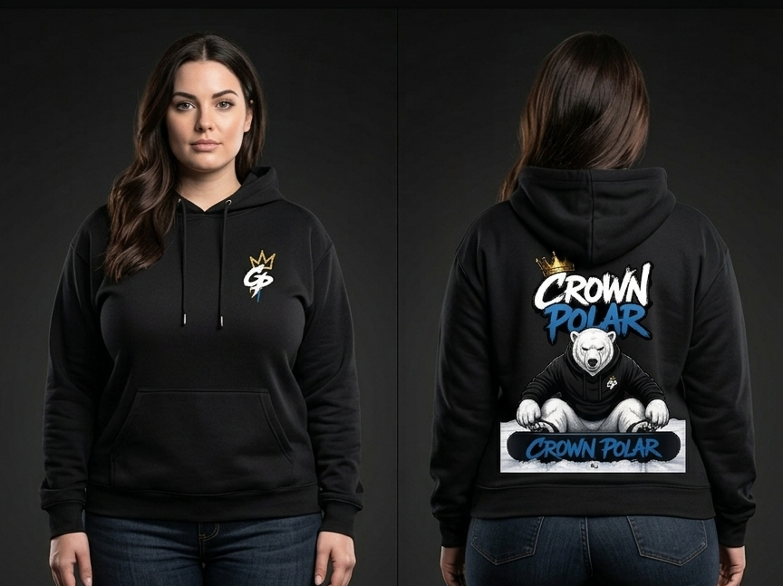 Woman wearing black hoodie with back design of Crown Polar with a polar bear on a snowboard