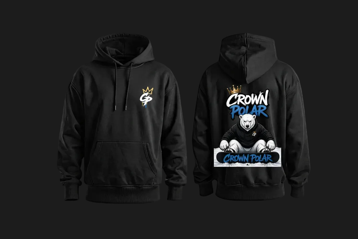 Black hoodie with 'Crown Polar' design on a dark background