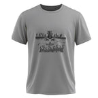Gray t-shirt with black graphic design on a white background