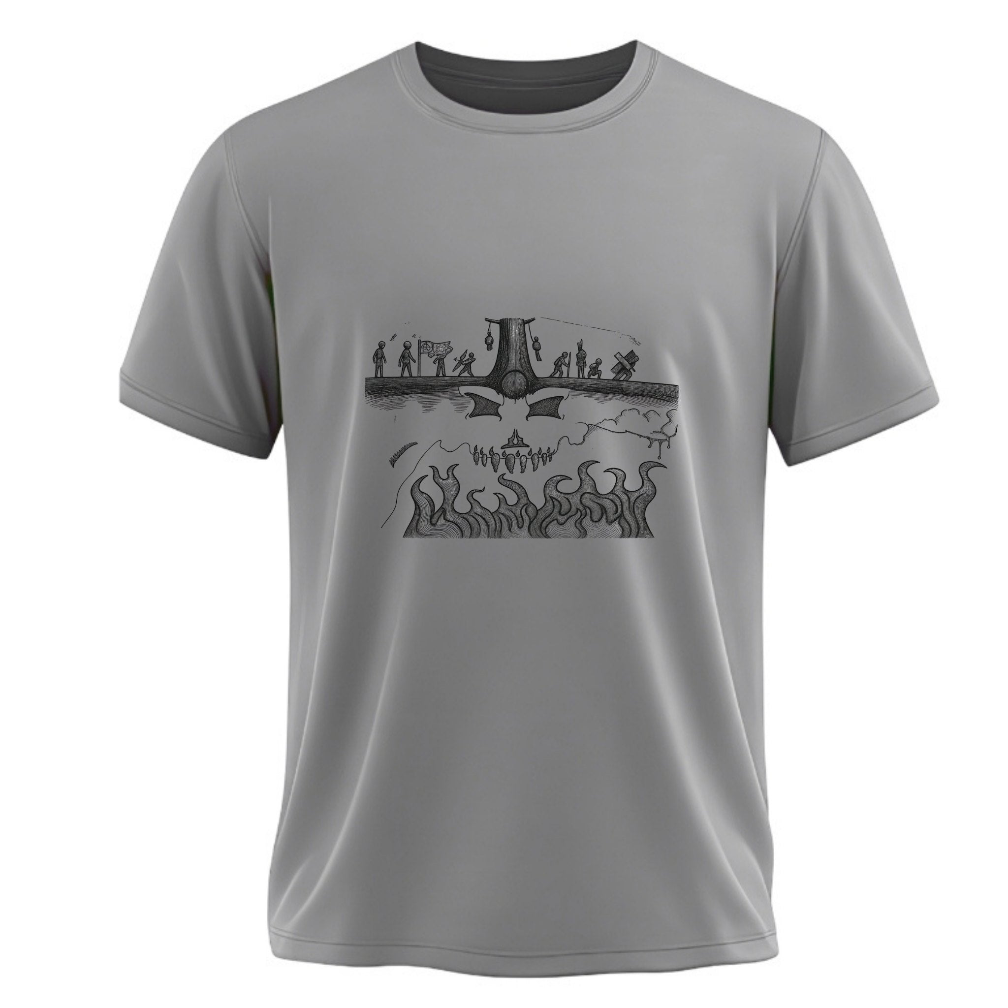 Gray t-shirt with black graphic design on a white background