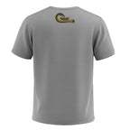 Gray t-shirt with a logo on the back against a white background