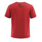 Red t-shirt with a logo on the back against a white background