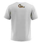 White t-shirt with a logo on the back against a white background
