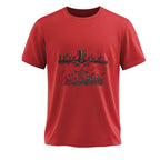 Red t-shirt with black graphic design on a white background