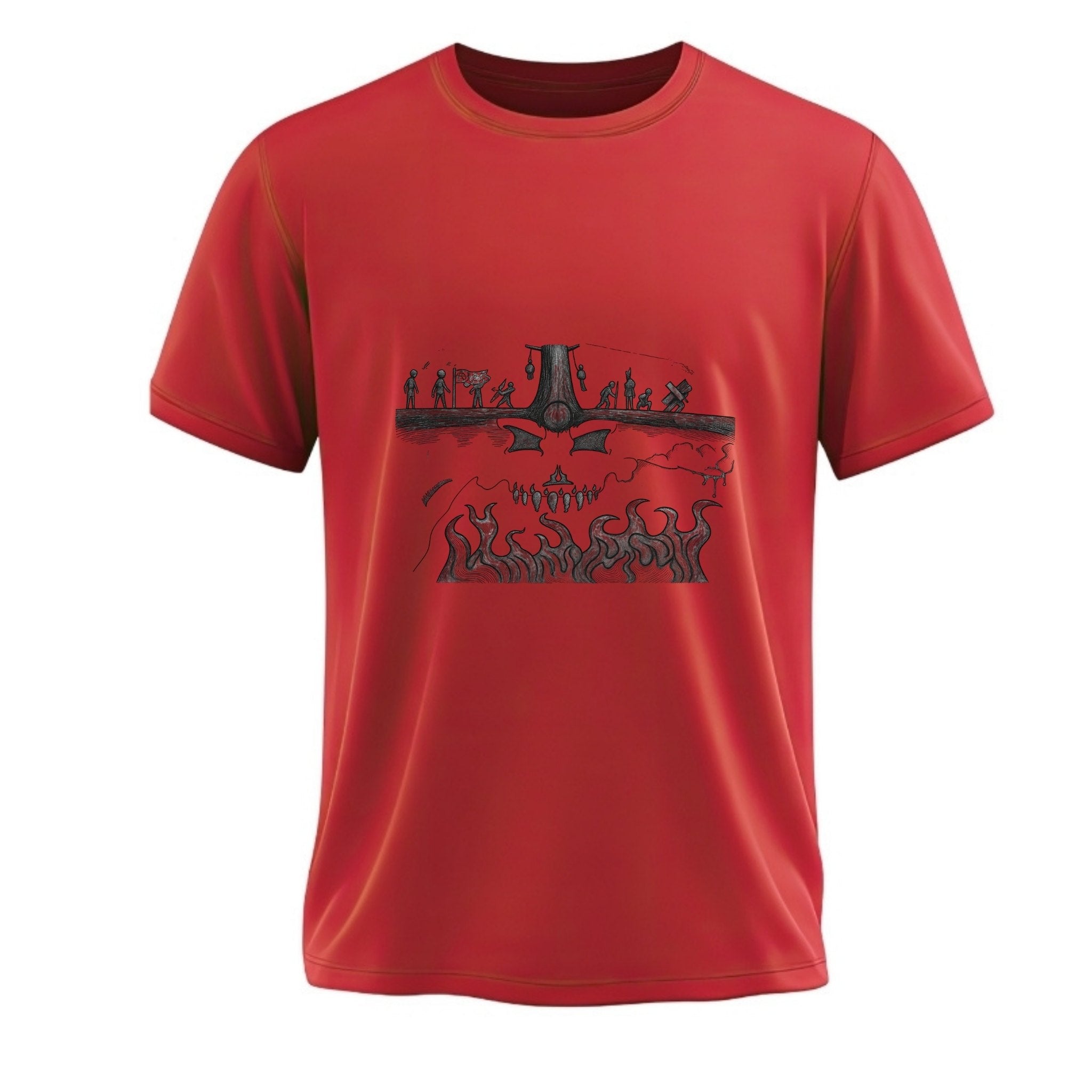 Red t-shirt with black graphic design on a white background