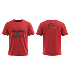 Red t-shirt with black and yellow graphics on a white background