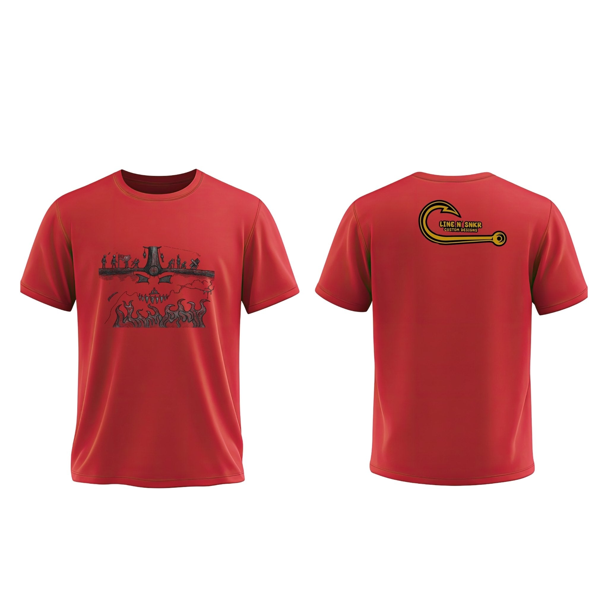 Red t-shirt with black and yellow graphics on a white background