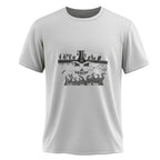 White t-shirt with black graphic design on a white background