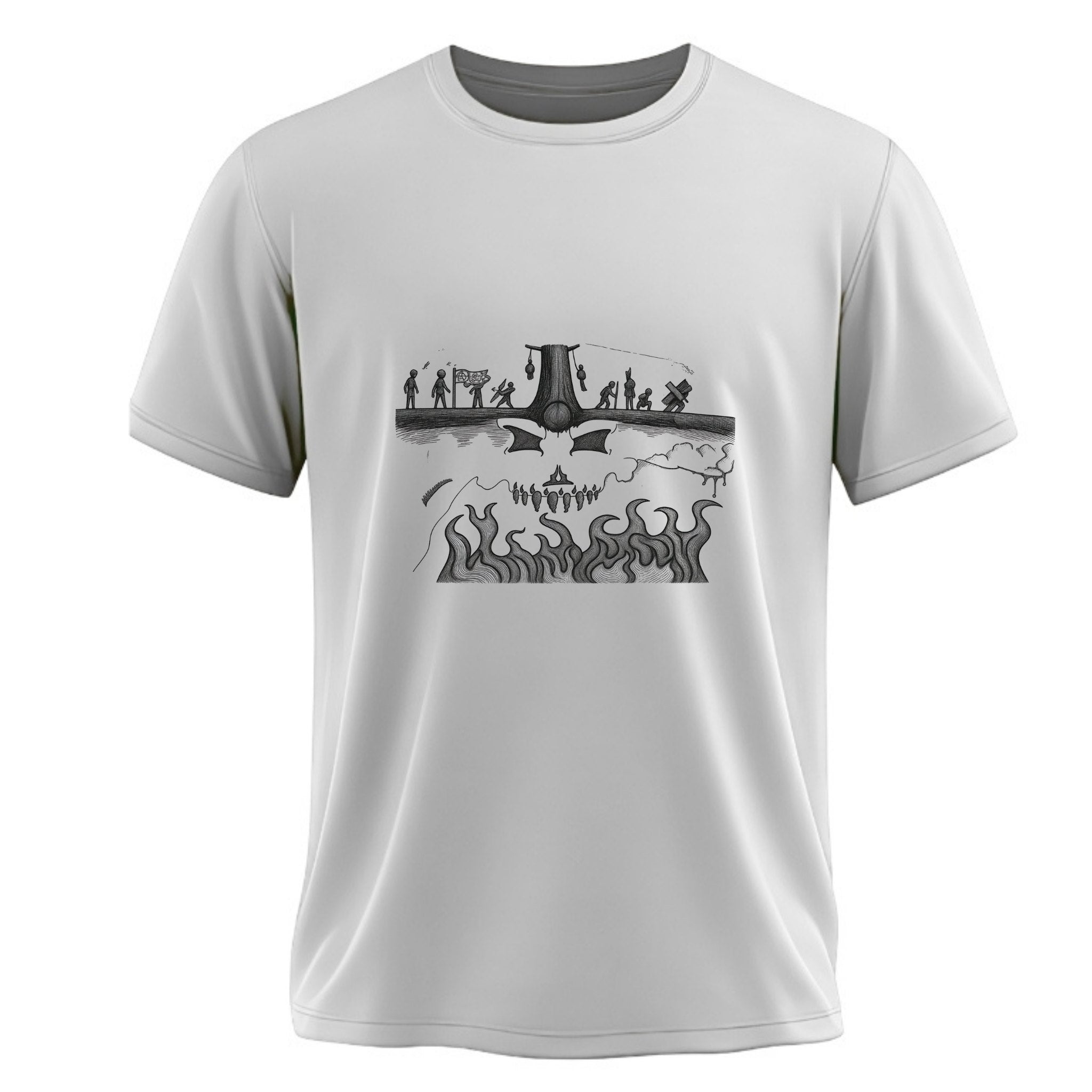 White t-shirt with black graphic design on a white background