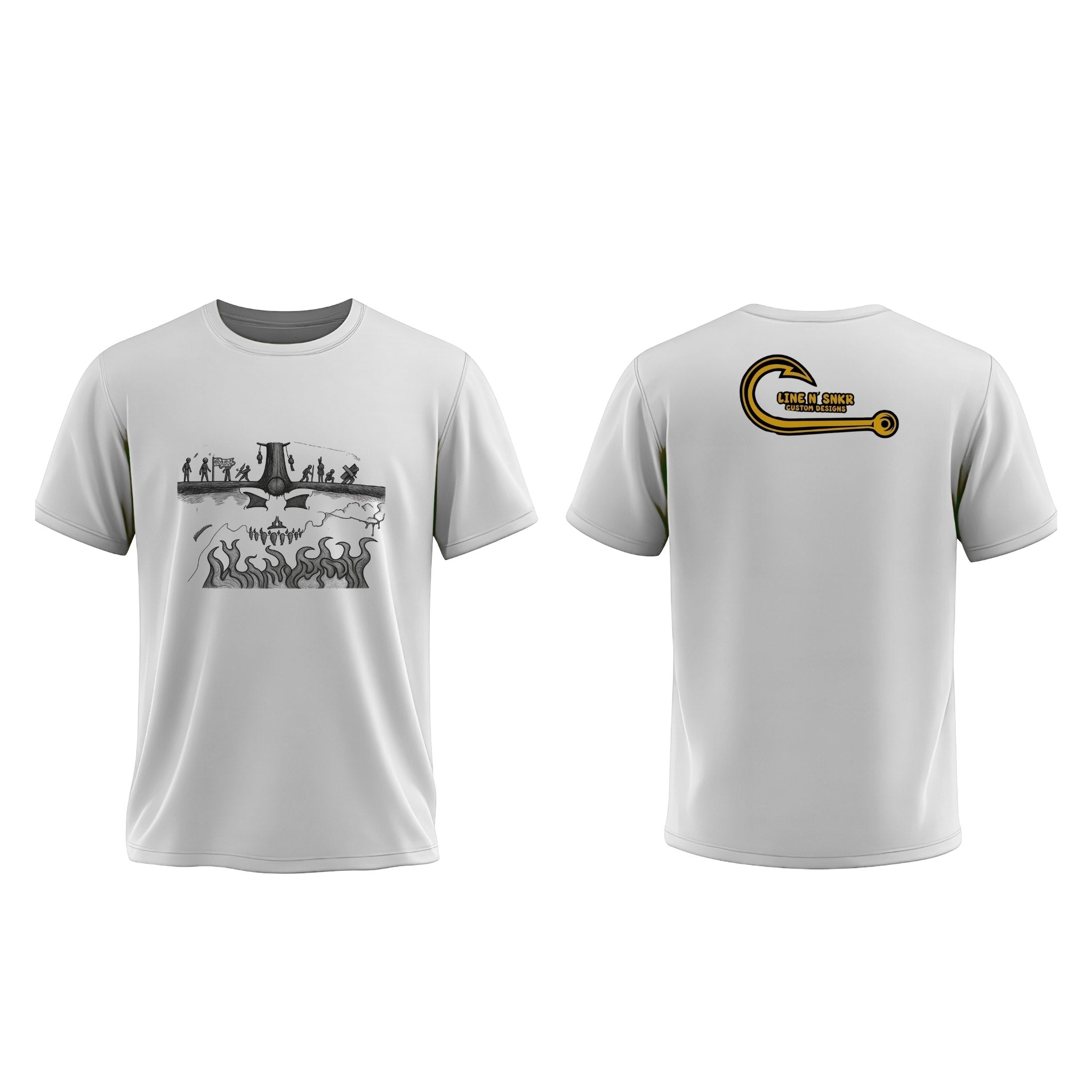 White t-shirt with graphic design on front and logo on back, on a white background