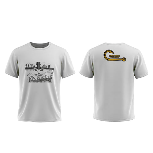 White t-shirt with graphic design on front and logo on back, on a white background