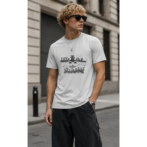 Man wearing a white t-shirt with a graphic design on a city street.