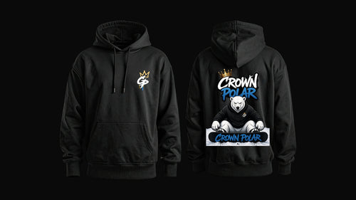 Two black hoodies with logos and polar bear on a black background